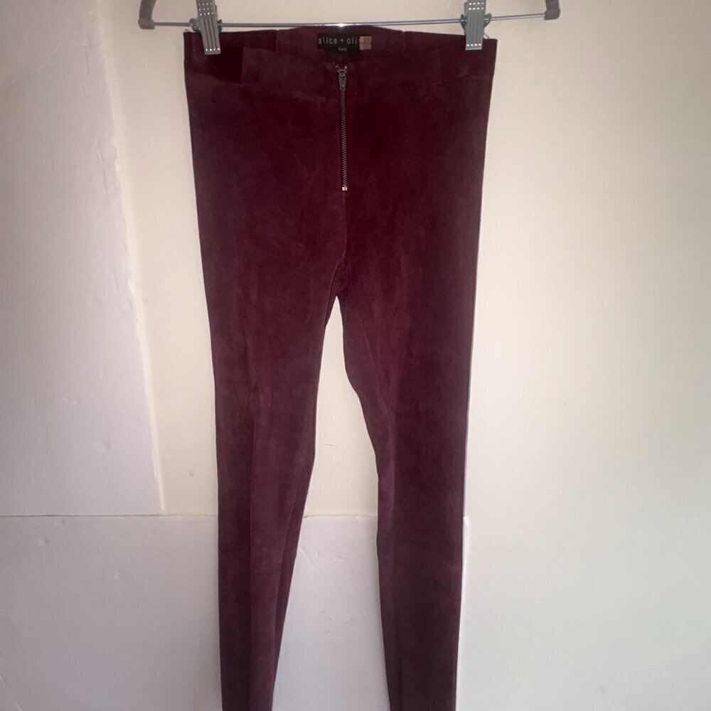 Alice + Olivia Front-Zip 100% Lambskin Leather Leggings; Burgundy; Size 0